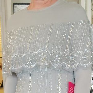 Andrea Papell Beaded Pop Over Round Neck Short Sleeve Gown.